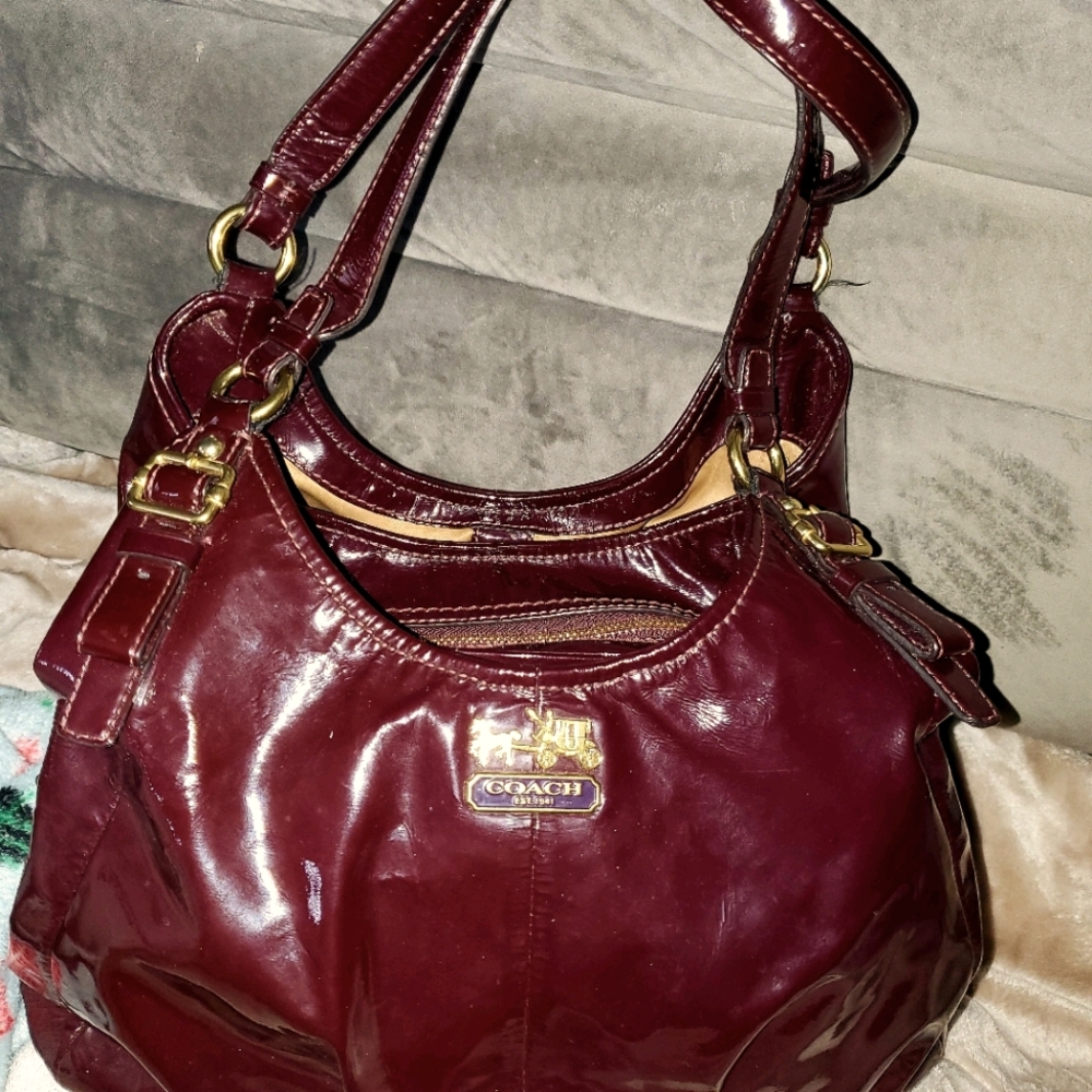 Purple wine color patent leather Coach hobo purse